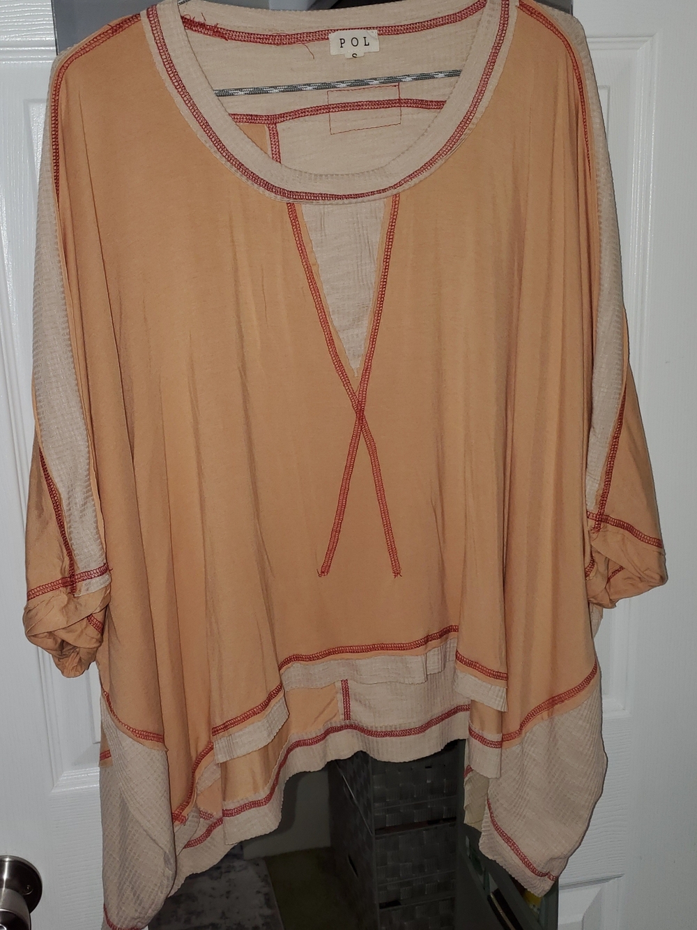 POL Peach and Cream Easy V-Neck Tunic with Contrast Stitching